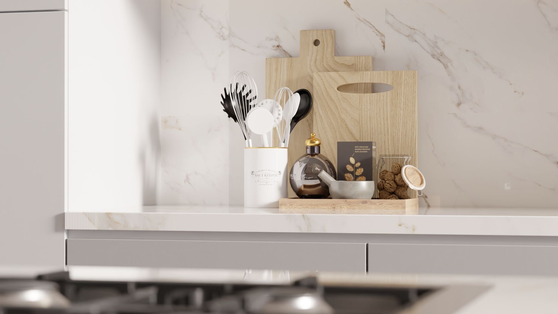 Modern minimalist kitchen countertop, clean and uncluttered